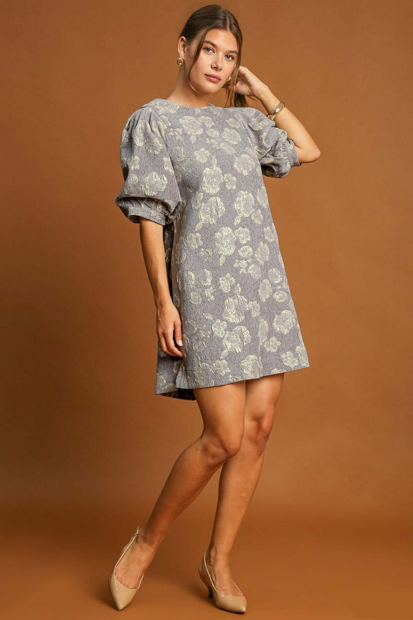 Blooming with Confidence Floral Jacquard Puff Sleeve Mini Dress in Gray