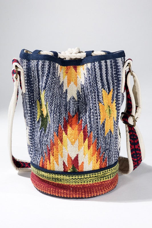 Desert Blues Ethnic Print Woven Bucket Bag