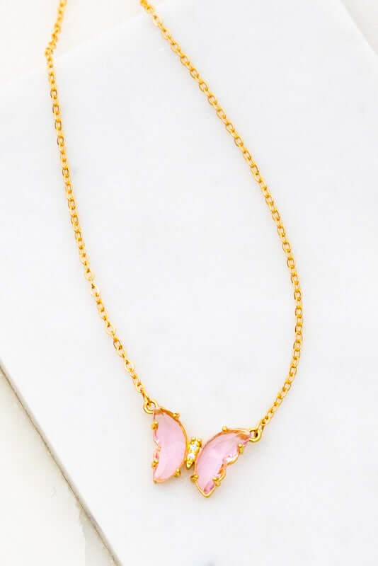 Gemstone and Crystal Butterfly Necklace in Pink