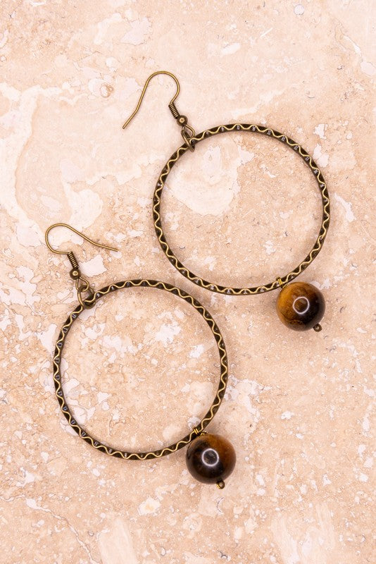 Olivia Tiger Eye Bead Bronze Hoop Earrings