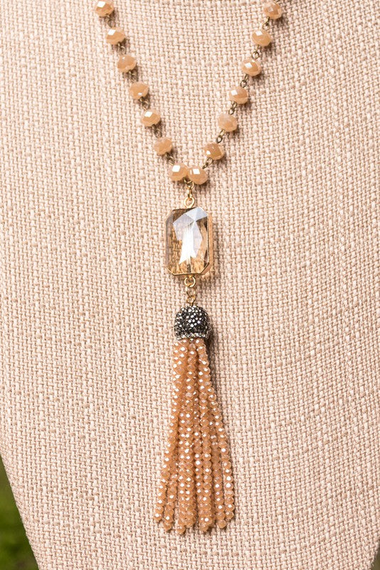 Athena Crystal Bead Tassel Necklace in Blush