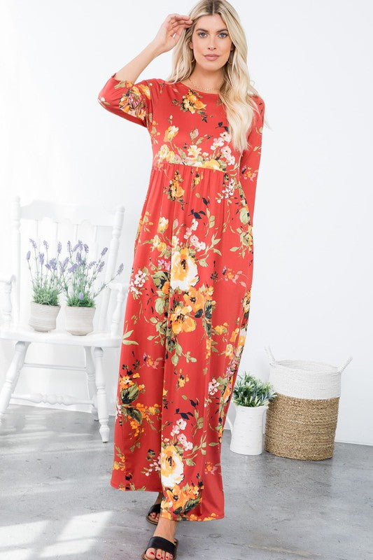 A Joyous Time Floral Maxi Dress in Rust - Curvy