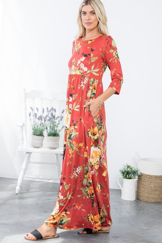 A Joyous Time Floral Maxi Dress in Rust - Curvy