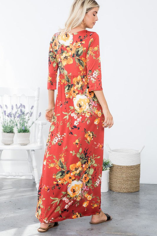 A Joyous Time Floral Maxi Dress in Rust - Curvy