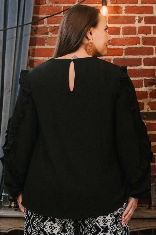Serena Ruffle Sleeve Blouse in Black - Curvy