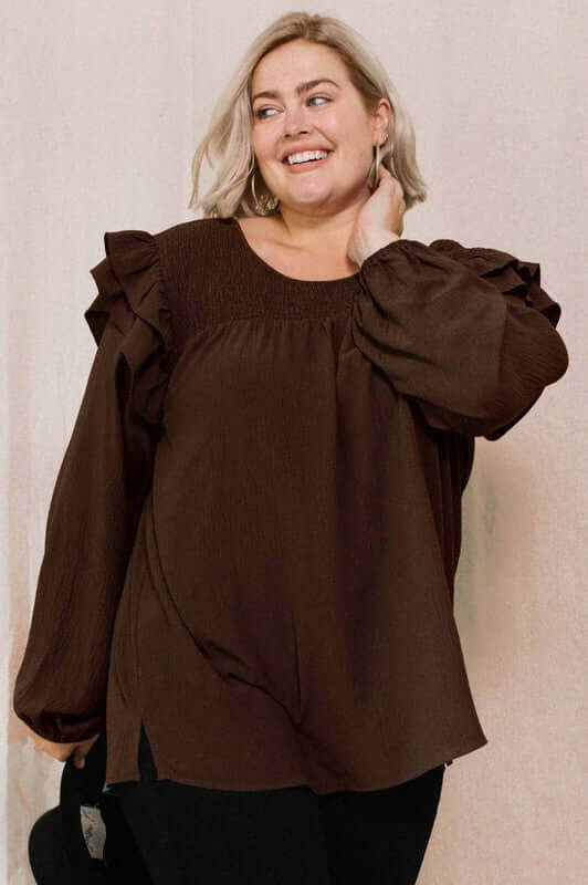 Bethany Smocked Yoke Blouse in Chestnut Brown - Curvy