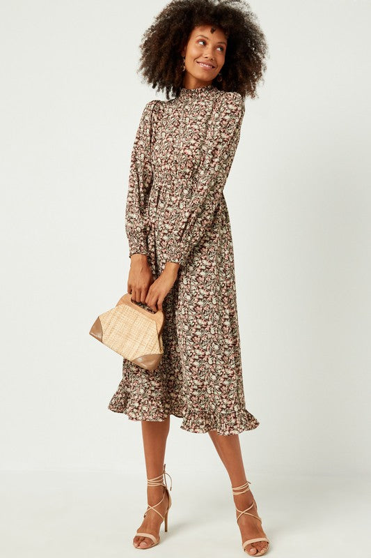 Abigail Floral Smocked Detail Dress in Brown