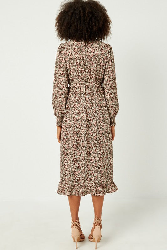 Abigail Floral Smocked Detail Dress in Brown