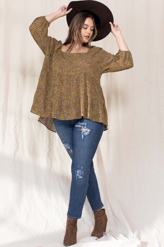 Count the Joy Floral Tiered Top in Golden Mustard - Curvy