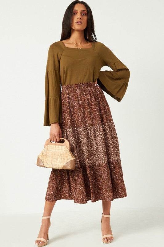 Rebekah Floral Tiered Midi Skirt in Brown