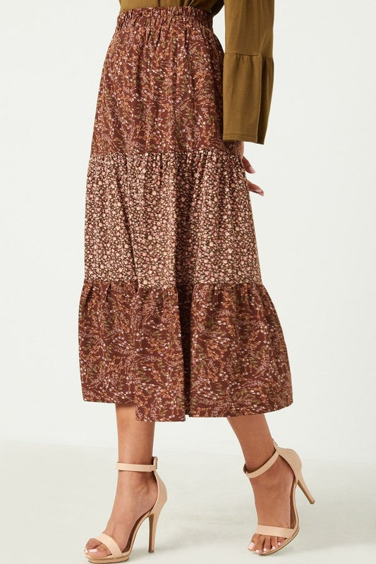 Rebekah Floral Tiered Midi Skirt in Brown