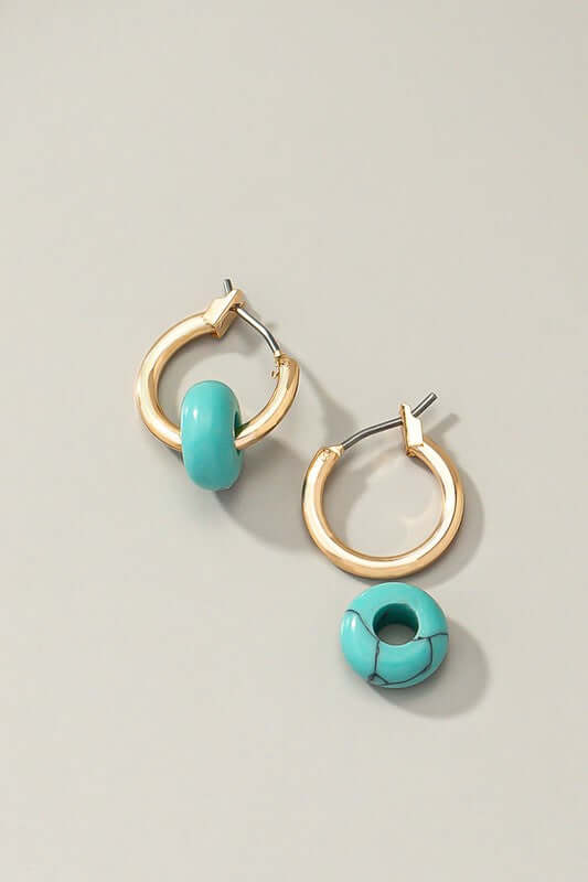 Bistro Natural Stone Huggie Hoop Earrings in Turquoise and Gold