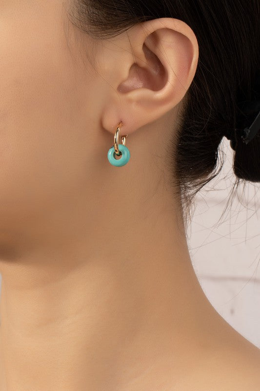 Bistro Natural Stone Huggie Hoop Earrings in Turquoise and Gold