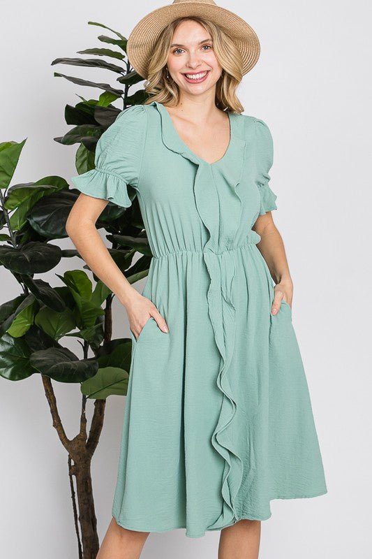 A Timeless Beauty Ruffle Front Dress in Sage