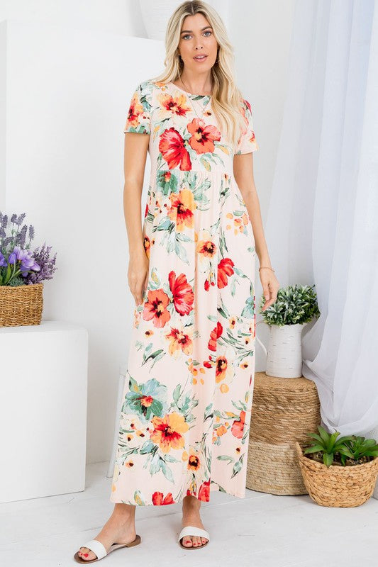 Bursting with Joy Floral Maxi Dress in Peach
