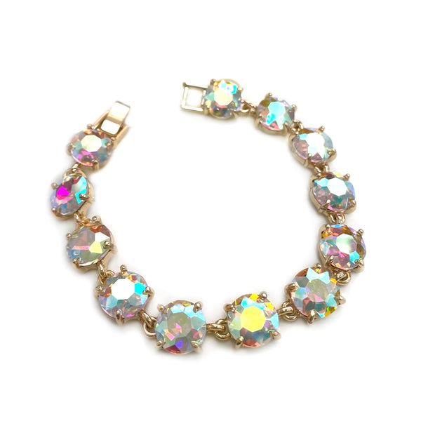 Broadway Round Cushion Cut Crystal Glass Linked Bracelet in Clear Aurora Borealis