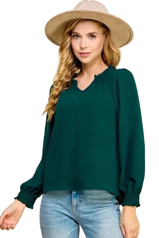 She's All That Textured V-Neck Blouse in Hunter Green