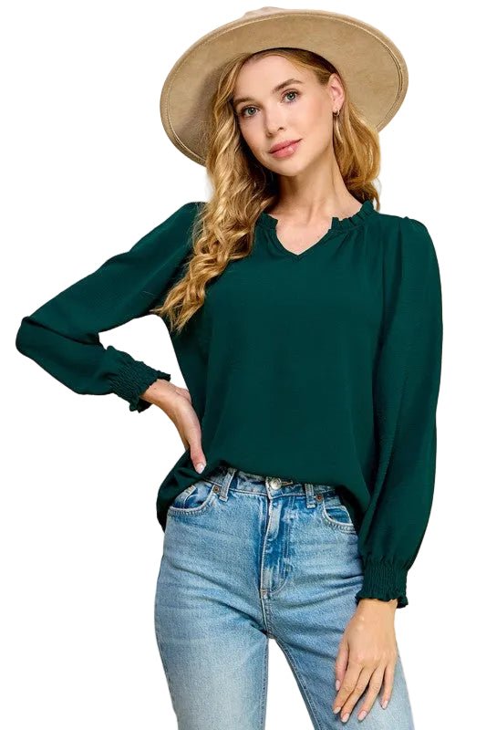 She's All That Textured V-Neck Blouse in Hunter Green