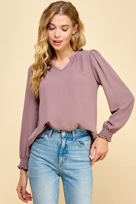 She's All That Textured V-Neck Blouse in Mocha