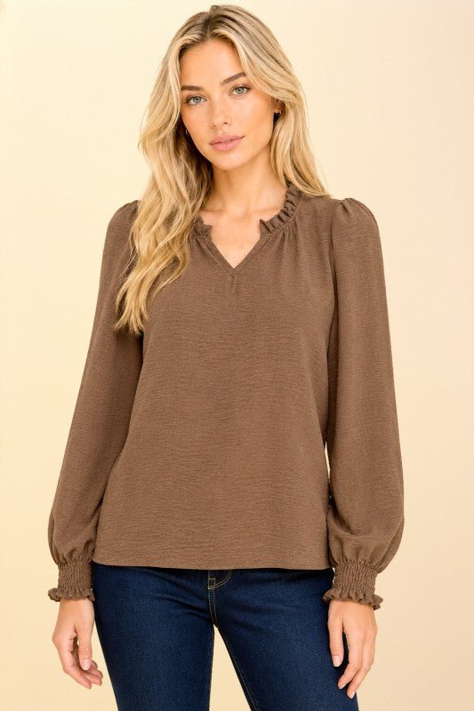 She's All That Textured V-Neck Blouse in Coffee