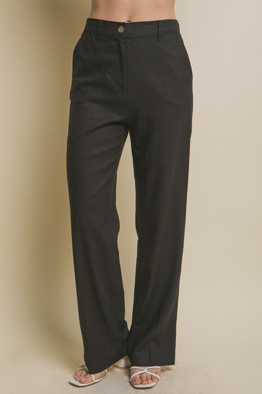 High Waist Linen Strait Leg Pants in Black