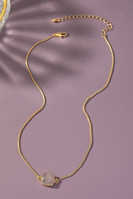 Square Rose Quartz 16" Semi-Precious Stone Necklace in Gold