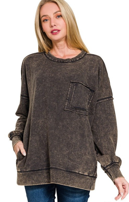 Ready, Set, Relax! Acid Wash French Terry Pullover in Ash Black