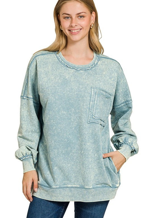 Ready, Set, Relax! Acid Wash French Terry Pullover in Blue Grey