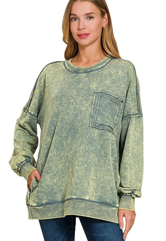 Ready, Set, Relax! Acid Wash French Terry Pullover in Ash Jade
