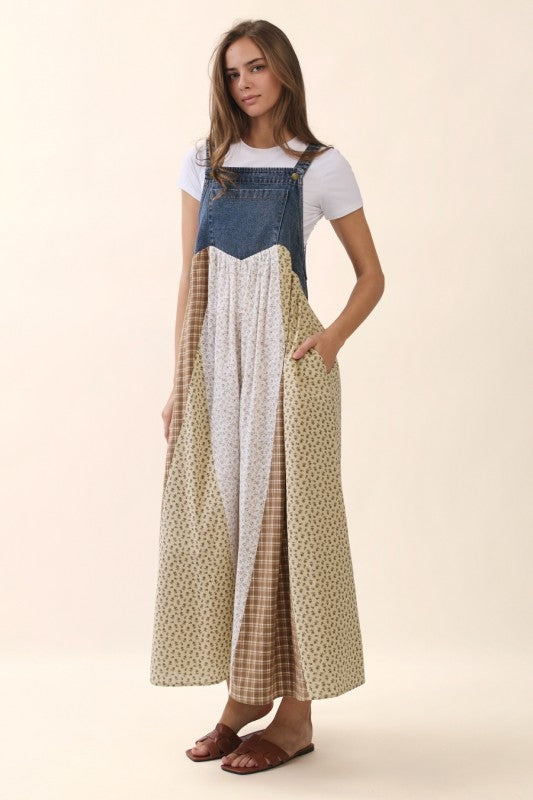 Eliana Patchwork Overall Maxi Dress in Light Denim