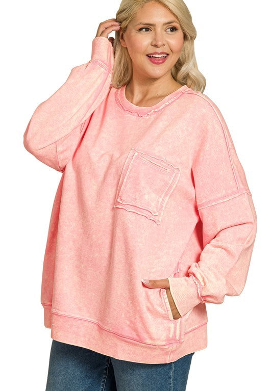 Ready, Set, Relax! Acid Wash French Terry Pullover in Pink - Curvy