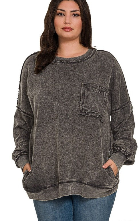 Ready, Set, Relax! Acid Wash French Terry Pullover in Ash Black - Curvy