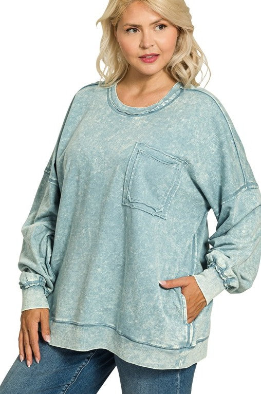 Ready, Set, Relax! Acid Wash French Terry Pullover in Blue Grey - Curvy