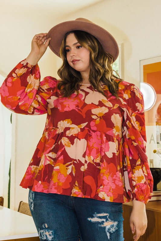 Kourtney Floral Peplum Top in Brick Multi - Curvy