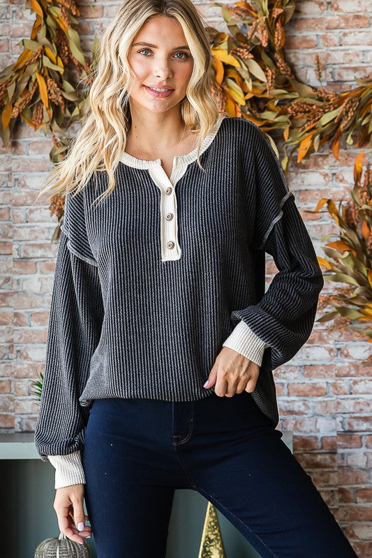 The Day Awaits Ribbed Henley Top in Charcoal