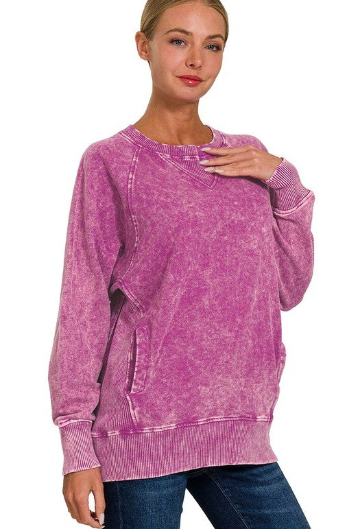 Let's Staycation Acid Washed French Terry Pullover in Light Plum