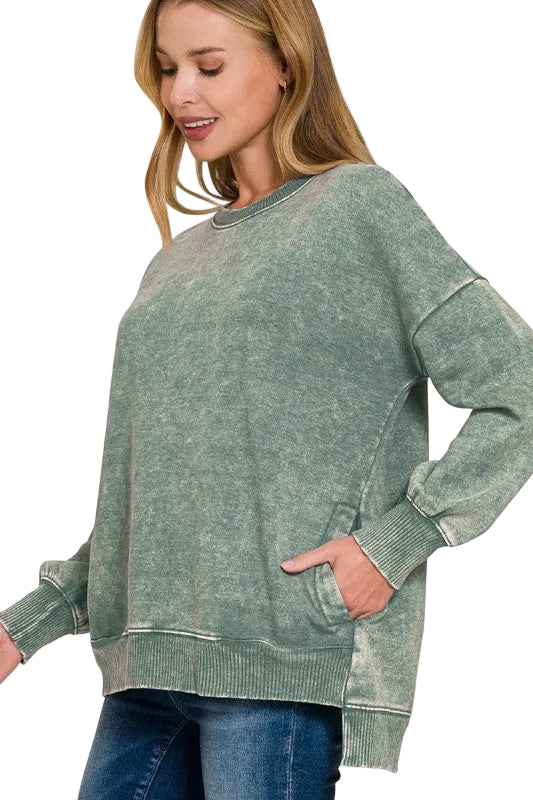 Time to Chill Acid Wash Fleece Hi-Low Sweatshirt in Ash Jade