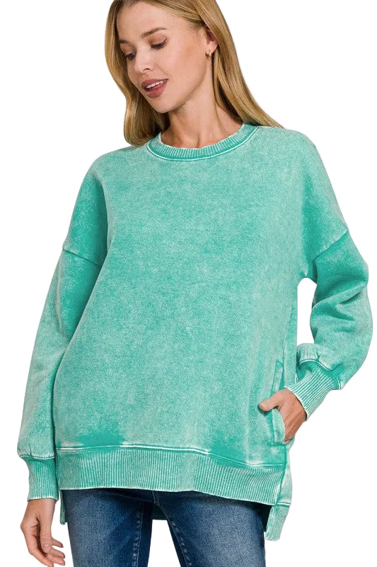 Time to Chill Acid Wash Fleece Hi-Low Sweatshirt in Turquoise