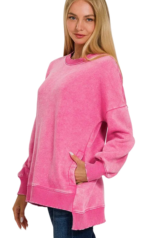 Time to Chill Acid Wash Fleece Hi-Low Sweatshirt in Hot Pink