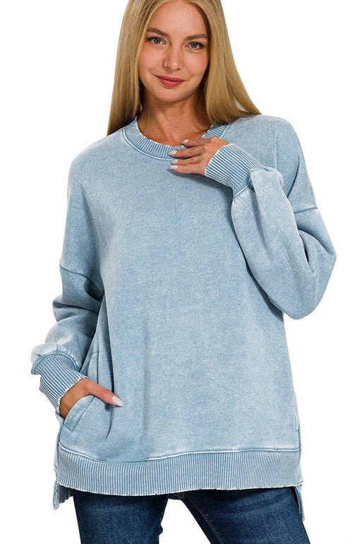 Time to Chill Acid Wash Fleece Hi-Low Sweatshirt in Denim Blue