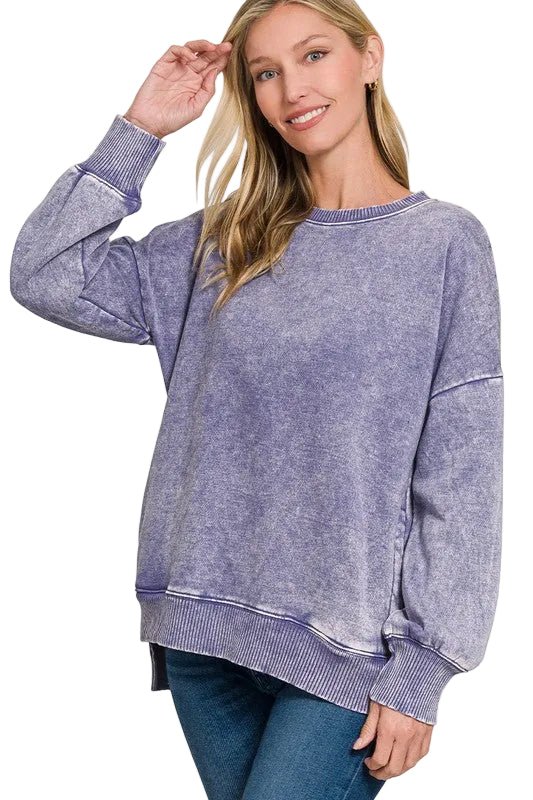 Time to Chill Acid Wash Fleece Hi-Low Sweatshirt in Marlin Blue