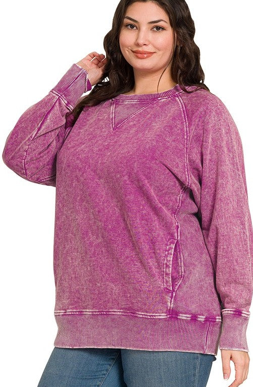 Let's Staycation Acid Washed French Terry Pullover in Light Plum - Curvy