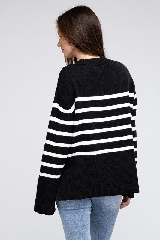 Classically You Ribbed Hem Stripe Sweater in Black and Ivory