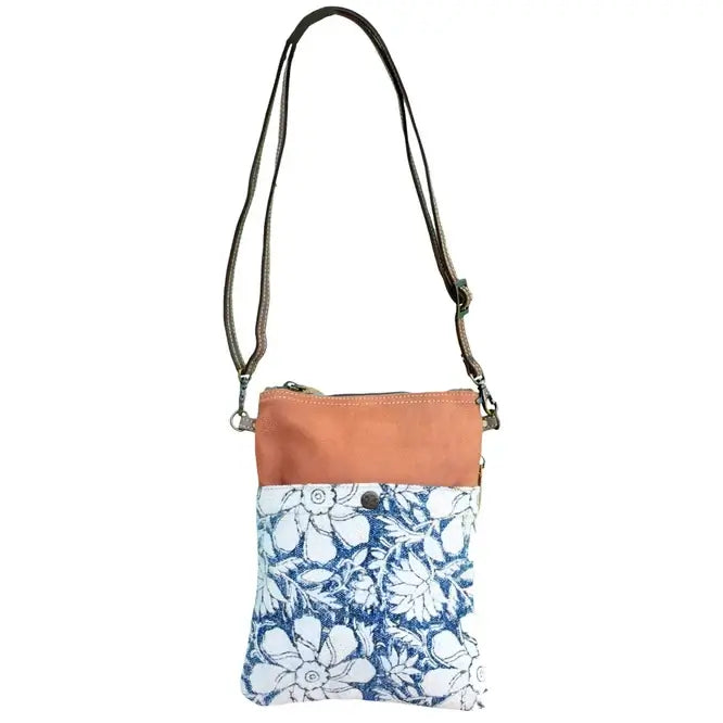 Charlotte Flower Recycled Canvas and Leather Crossbody in Blue