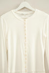 Alivia Button Down Bow Trim Ribbed Top in Off White