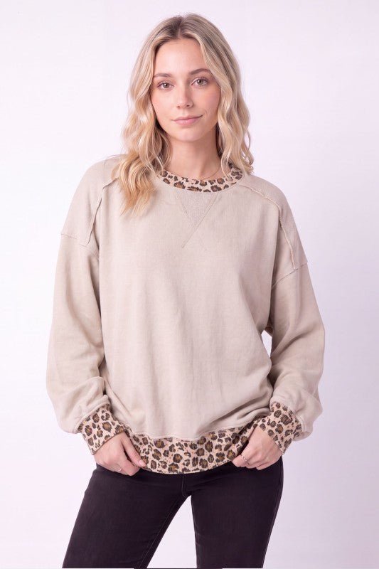 Timeless Comforts Leopard Contrast French Terry Pullover in Taupe - Curvy — product image 1