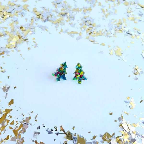 Sparkly Confetti Tree Stud Earrings in Green