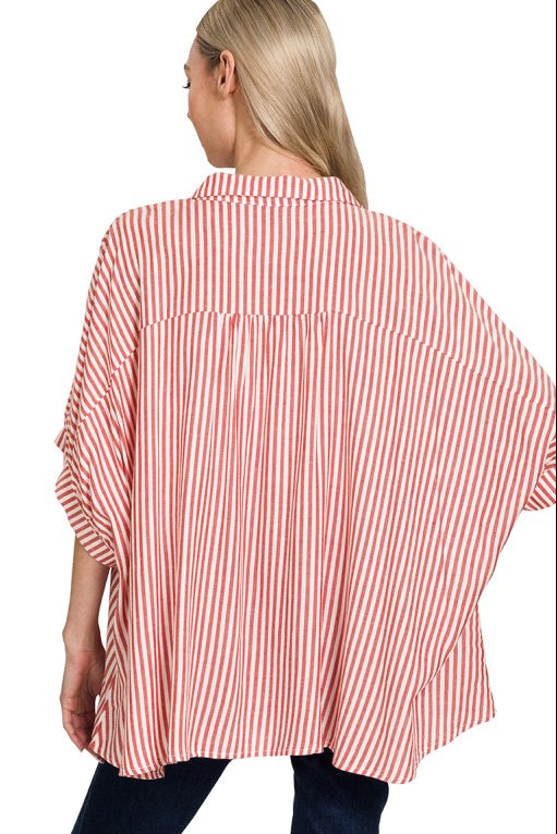 Gigi Striped Oversized Button Down Top in Ruby