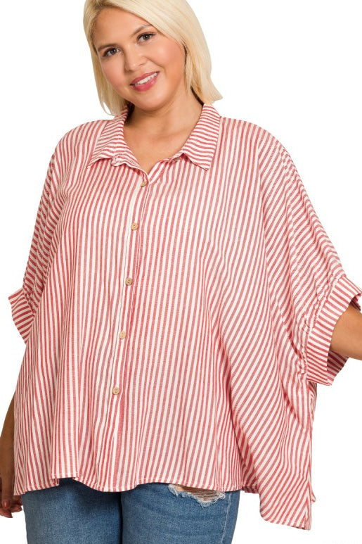 Gigi Striped Oversized Button Down Top in Ruby
