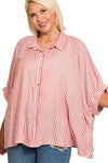 Gigi Striped Oversized Button Down Top in Ruby